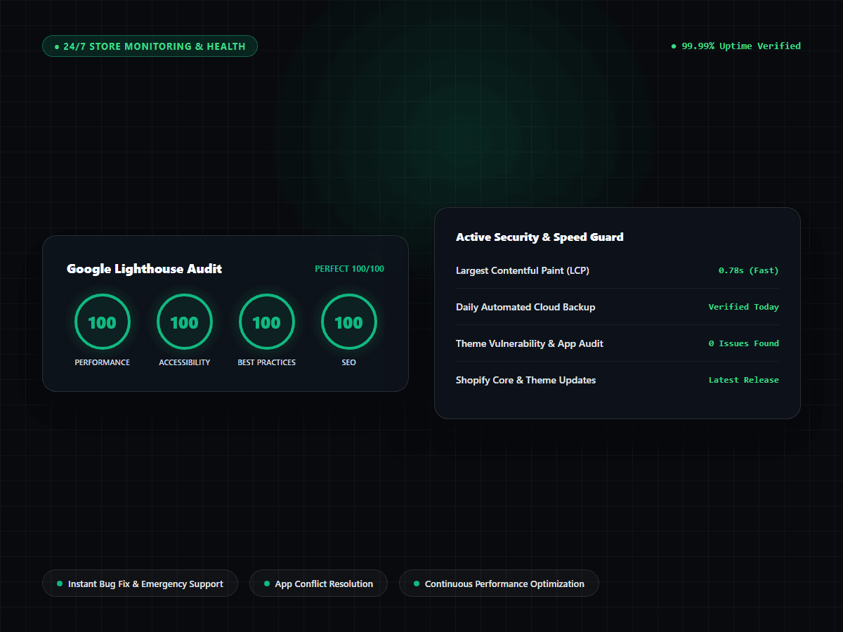 Shopify Store Maintenance, 100 Lighthouse Speed and 24/7 Security